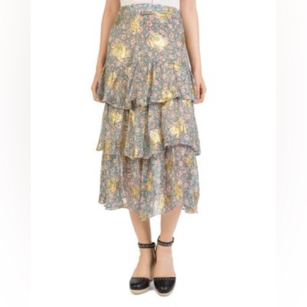 THE KOOPLES Western Flowers Midi Skirt Tiered Gold Foil size 2‎